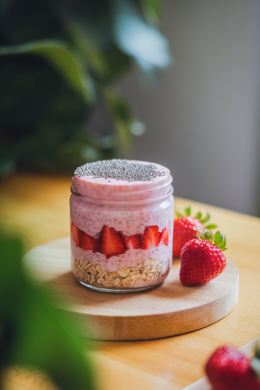 An indoor tabletop shot of a small jar packed with pink-hued oats, layers of diced strawberries, and a sprinkle of chia seeds on the surface. Soft window light; no brands or logos. Photo, not illustration.