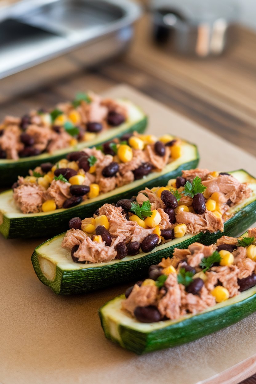 Baked zucchini boats filled with tuna and black bean mix, indoor tabletop, no text or logos.