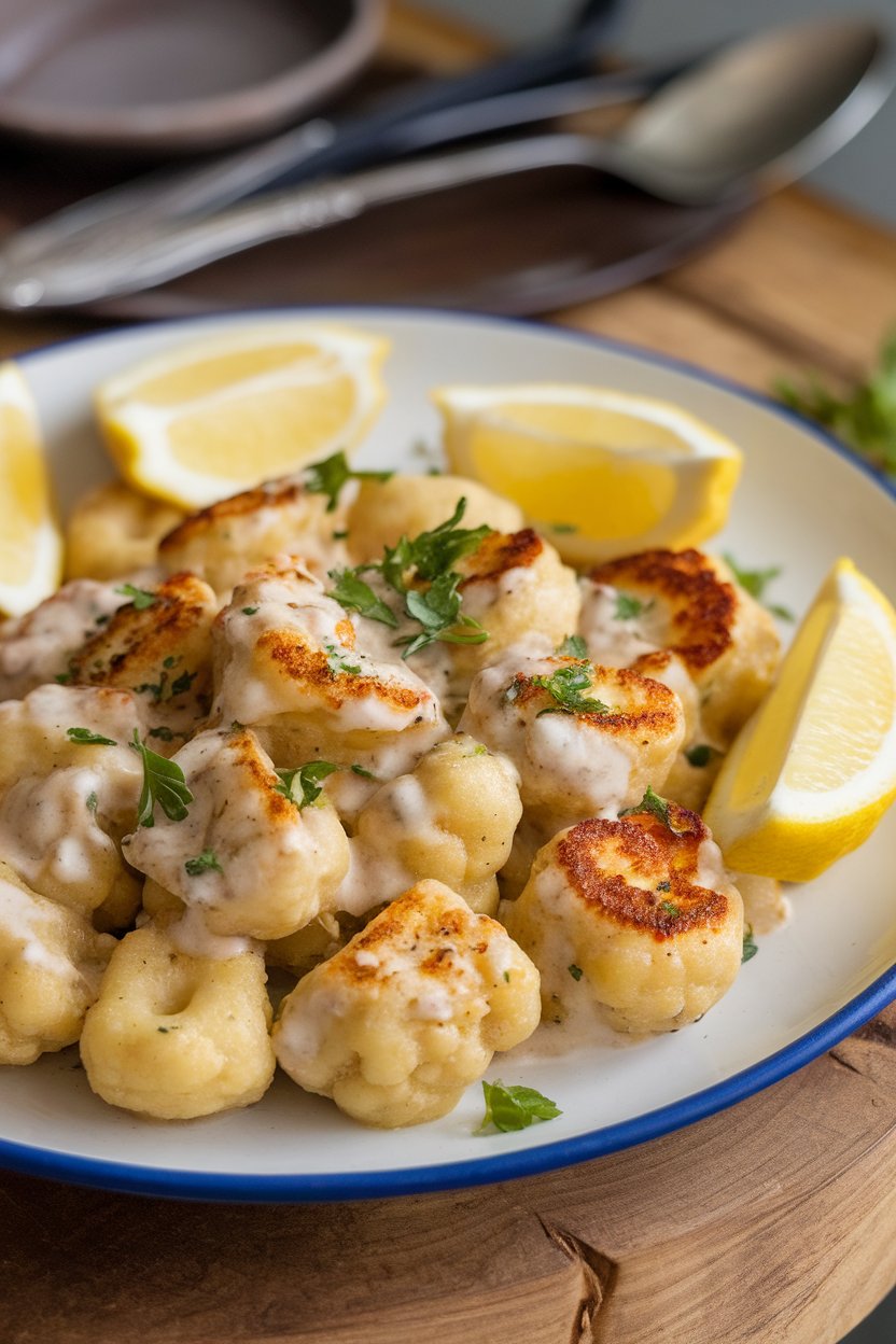 Indoor dinner plate featuring pan-seared cauliflower gnocchi coated in a velvety cashew cream and sprinkled with parsley. Photo, no text or logos.
