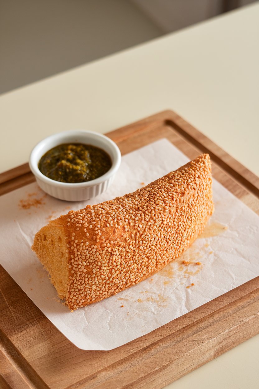 An indoor cutting board with a wedge of golden handvo, sesame seeds crust on top, green chutney in a small bowl. No text or logos. Photo, not illustration.