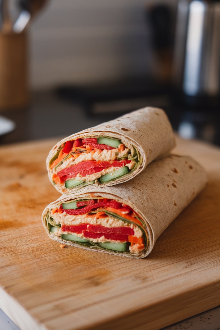A sliced wrap on an indoor cutting board showing layers of red peppers, cucumbers, carrots, and hummus inside a whole-wheat tortilla. No text or logos on scene.