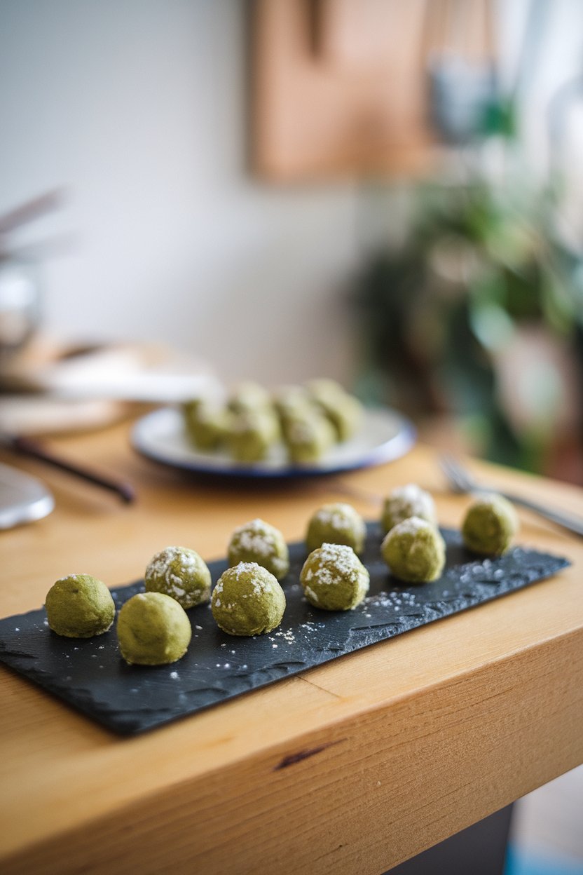 A slate board on an indoor table featuring small green matcha coconut bites, photo only, no logos.