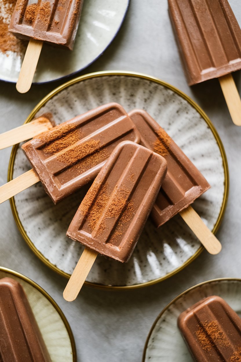 Photo of indoor tabletop with cacao popsicles on a plate, slight melting, sprinkled with cinnamon, no text or logos.