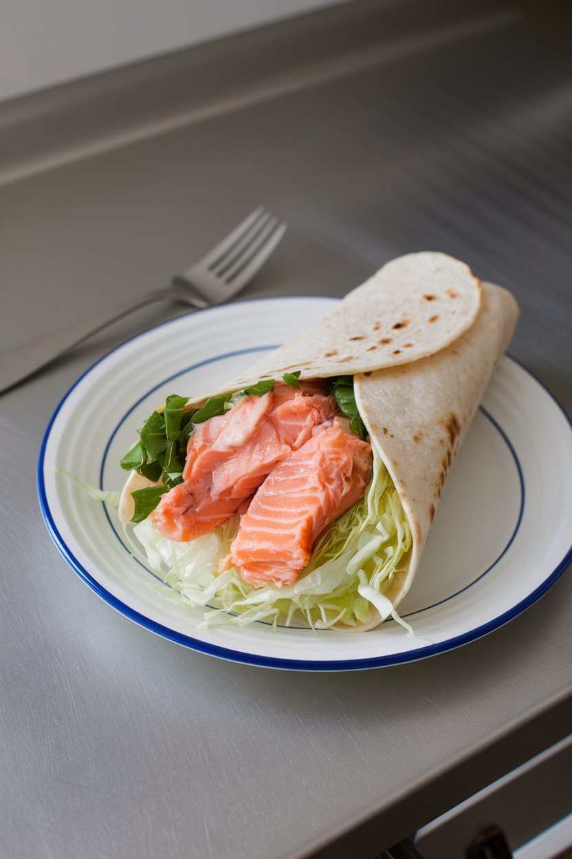 Indoor kitchen counter displaying a wrap stuffed with flaky cooked salmon, shredded napa cabbage, and sesame ginger dressing. No text or logos.