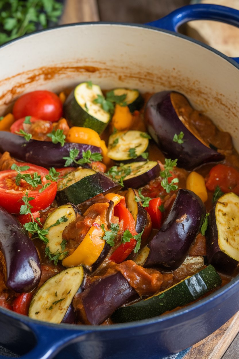 Photo prompt: Indoor Dutch oven filled with stewed eggplant, zucchini, bell pepper, and tomatoes, herbs visible on top. No text or logos.
