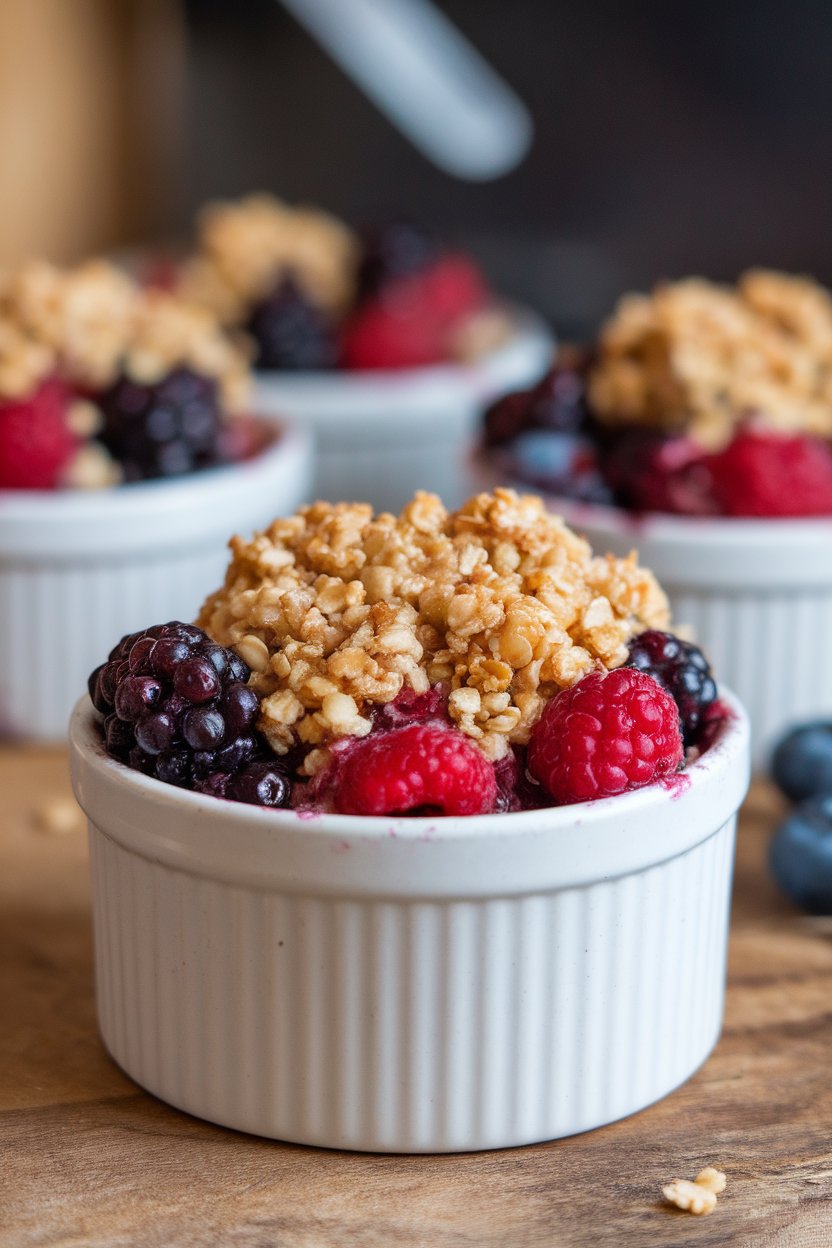 Indoor ramekin with bubbling mixed berries under a golden quinoa-oat topping. No text or logos; photo.