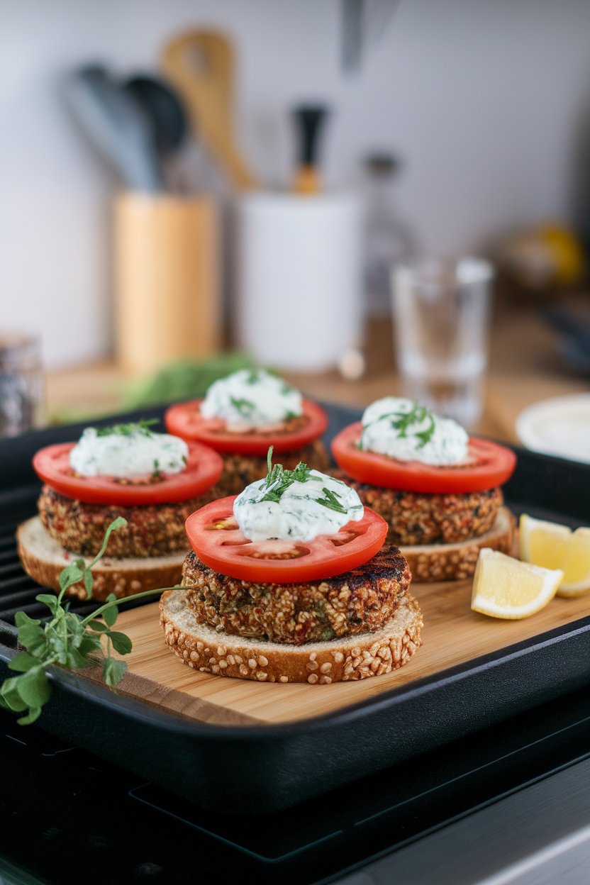 An indoor grill pan displaying golden quinoa burgers, topped with tomato slices and tzatziki on whole-grain buns; no text or logos; photo