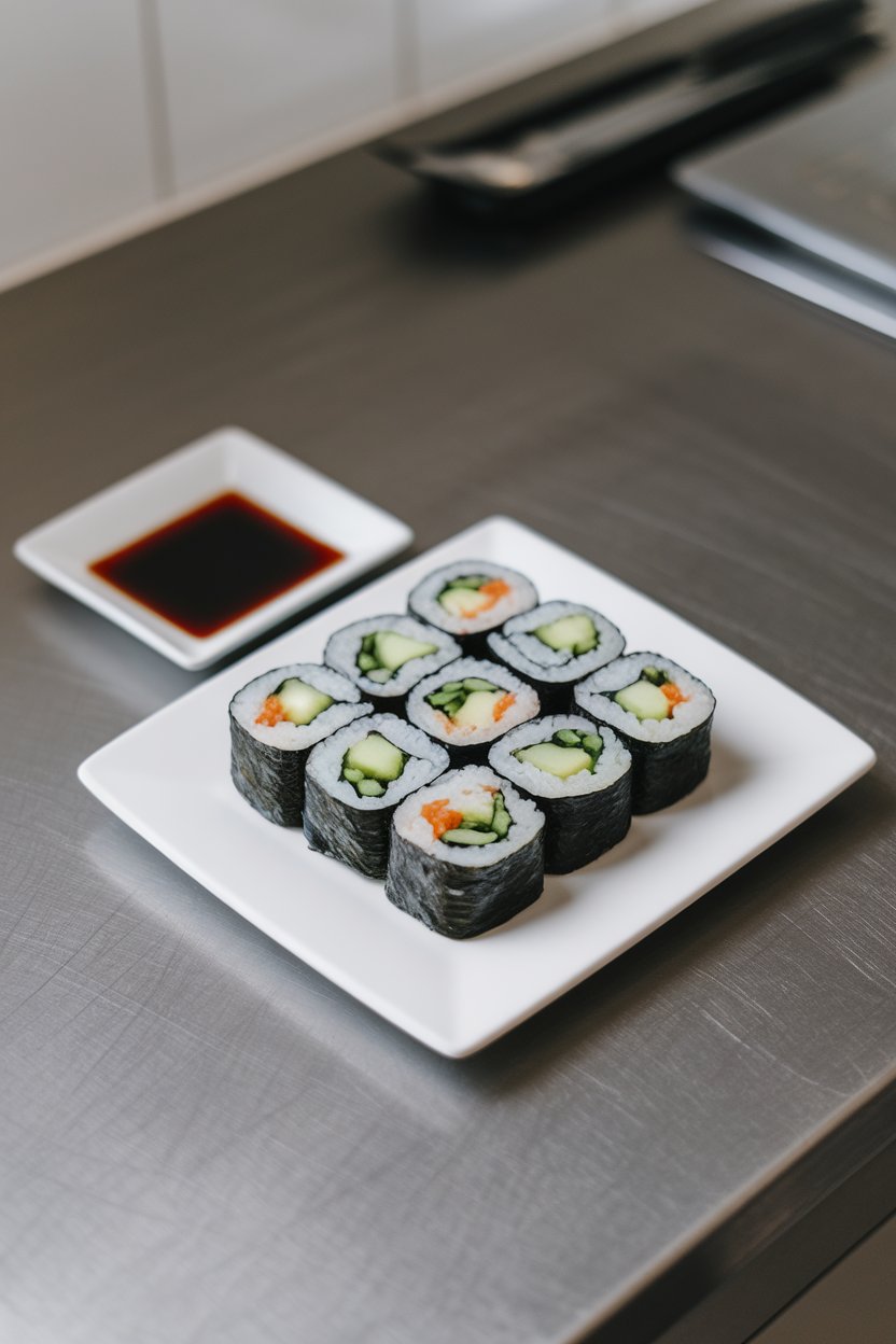 Indoor countertop photo of neatly sliced brown rice sushi rolls filled with avocado and cucumber, soy sauce in a small dish nearby. No text or logos on dishware.