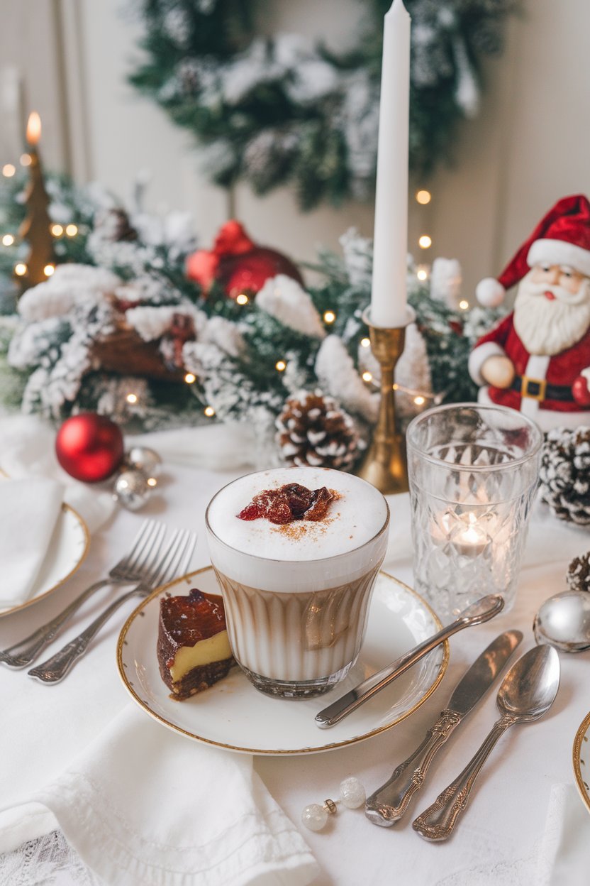 Indoor holiday table set with a cappuccino sprinkled with chopped dried plums and a pinch of allspice next to a tiny slice of Christmas pudding. No text or logos. Photo only.