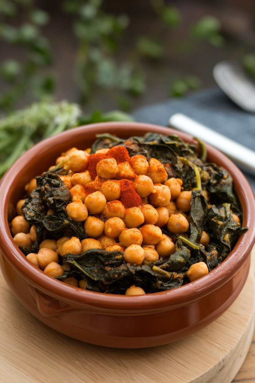 Indoor food photo of saucy chickpeas and wilted spinach in a terra-cotta bowl; smoked paprika dusting, no text or logos.