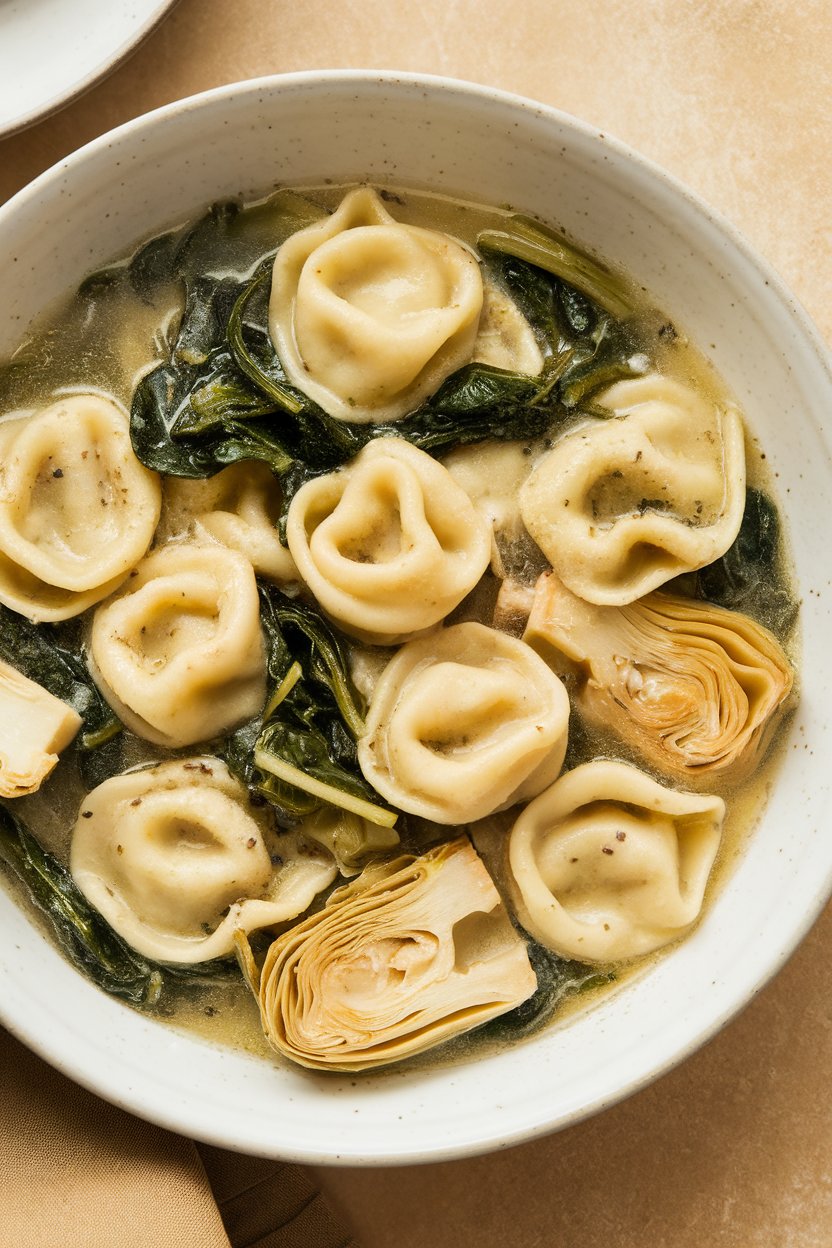 Indoor photo of cheese tortellini tossed with wilted spinach and quartered artichoke hearts in a light garlic broth. No text or logos.