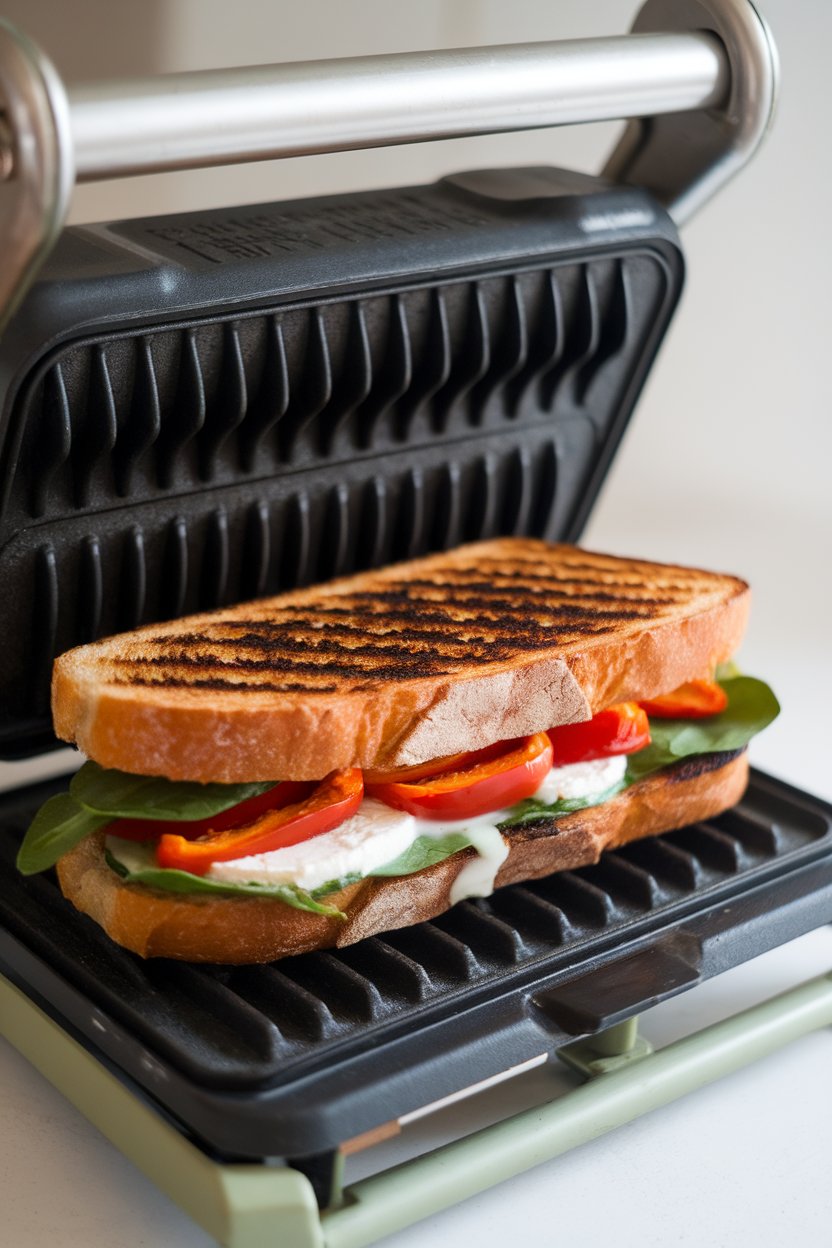 Photo of an indoor panini press holding toasted sourdough stuffed with roasted red peppers, goat cheese, and spinach; cheese slightly oozing; no text or logos