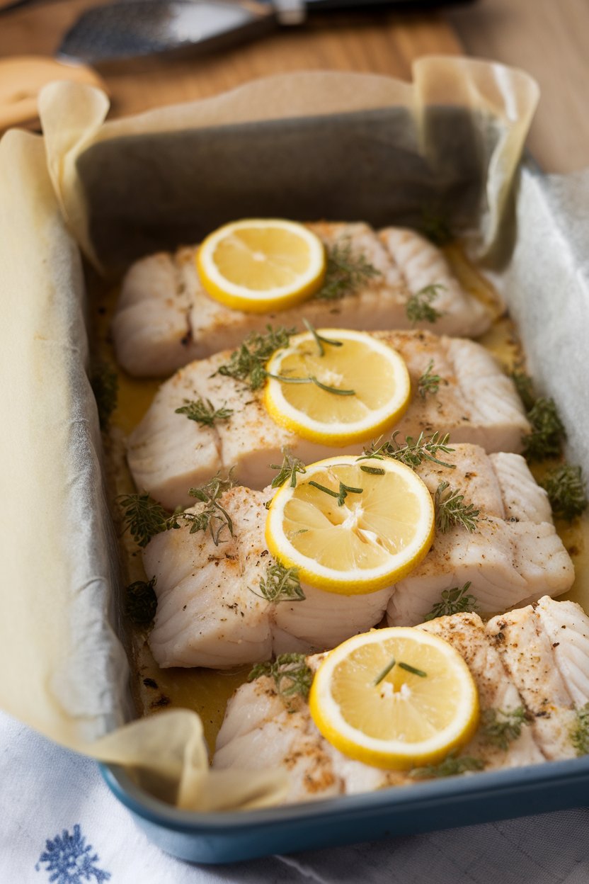 Indoor photo of a parchment-lined baking dish featuring flaky baked cod fillets topped with lemon slices and fresh herbs, no text or logos.