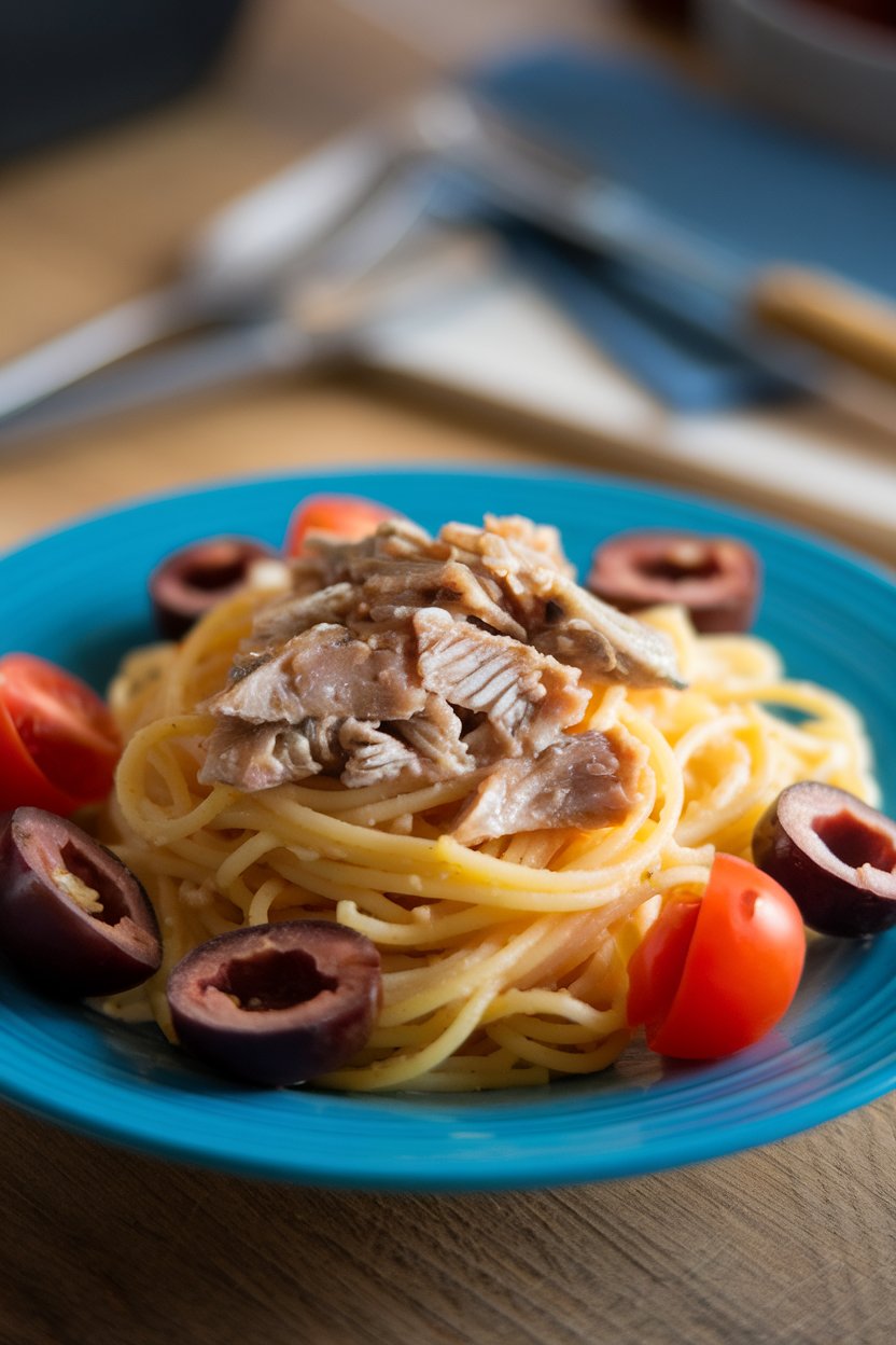 An indoor plate containing spaghetti pieces, flaked canned sardines, sliced Kalamata olives, and cherry tomatoes; no text or logos.