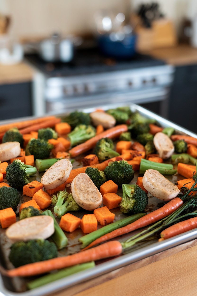 Indoor shot of a sheet pan crowded with roasted carrots, broccoli, sweet potato cubes, and chicken sausage coins. No text or logos.