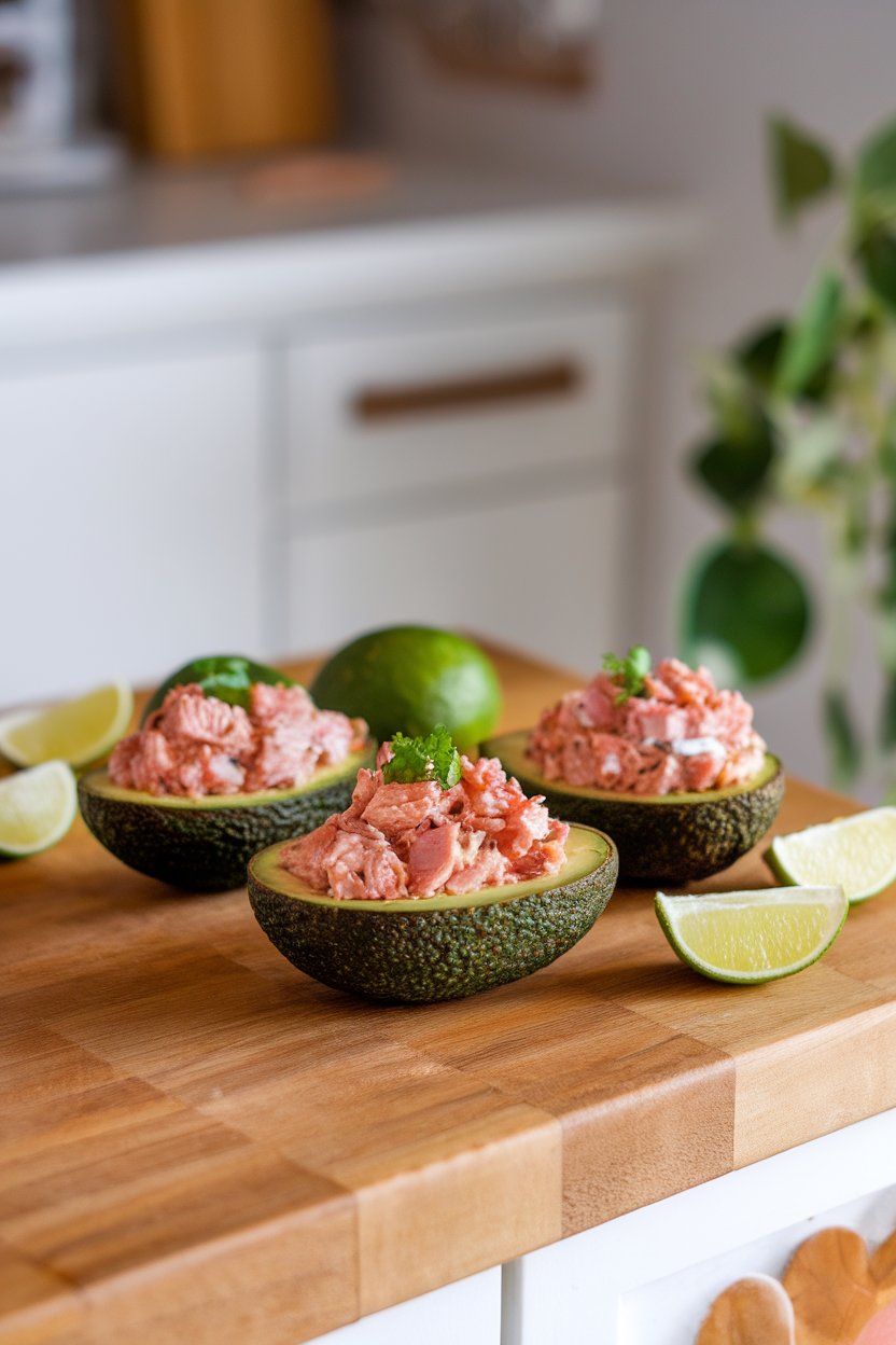 Indoor kitchen island with avocado halves filled with cooked tuna salad mixed with Greek yogurt and sriracha, lime wedges nearby. No text or logos, photo not illustration.