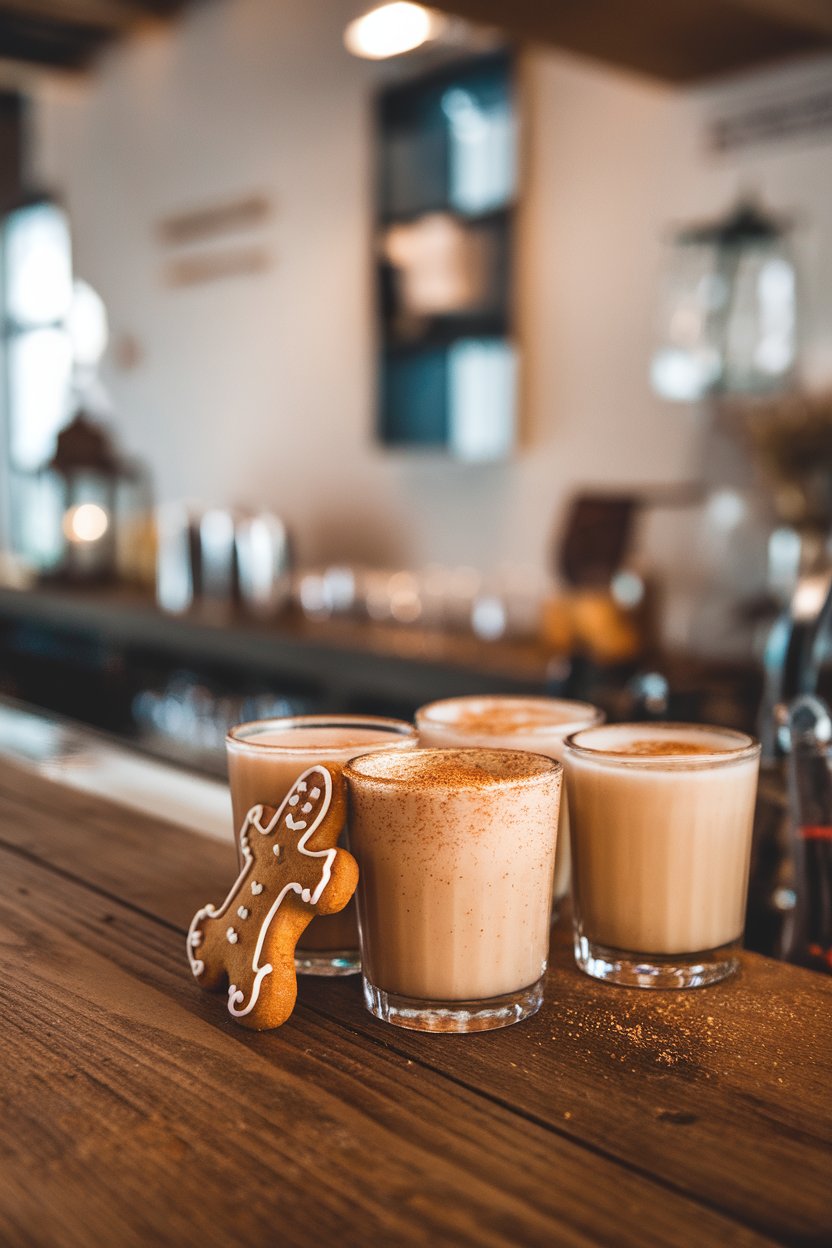 Photo of creamy tan shots sprinkled with ground nutmeg, a tiny gingerbread cookie leaning on one glass; indoor bar; no branding.