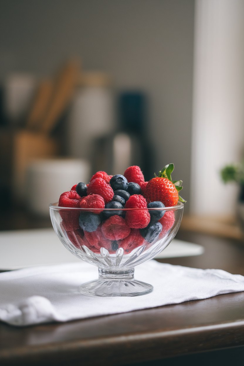 Indoor kitchen table with a clear glass bowl of colorful raspberries, blueberries, and strawberries, slight window light highlighting the fruit’s texture. No logos or text. Photo.