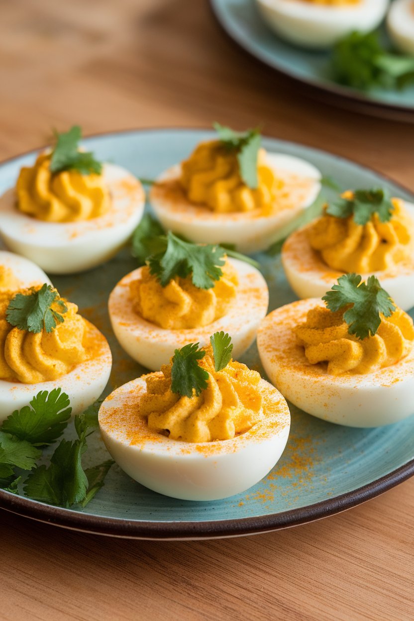 Deviled eggs sprinkled with curry powder and cilantro on an indoor ceramic plate. No text or logos. Photo.