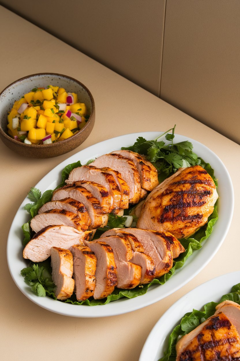 Photo of an indoor platter holding sliced grilled chicken breast and a separate bowl of fresh mango salsa, no text or logos