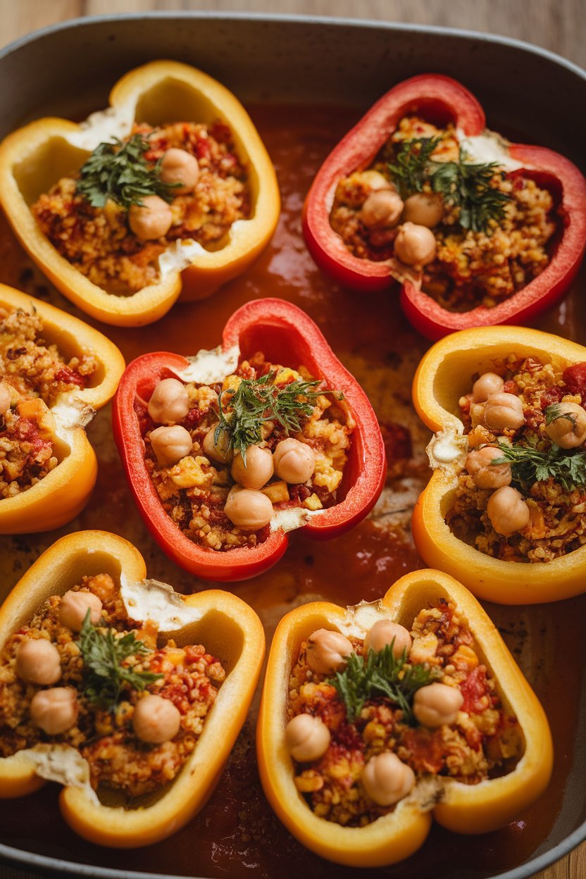 Indoor photo of halved bell peppers filled with quinoa, chickpeas, and herbs in a baking dish, light tomato sauce pooling around, no text or logos