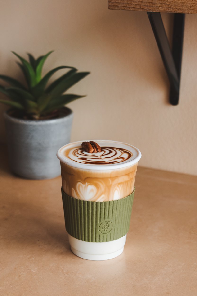 Indoor countertop with a latte garnished by pecan halves and a fine drizzle of dark corn syrup swirl, resembling pie filling. No text or logos present. Photo only.