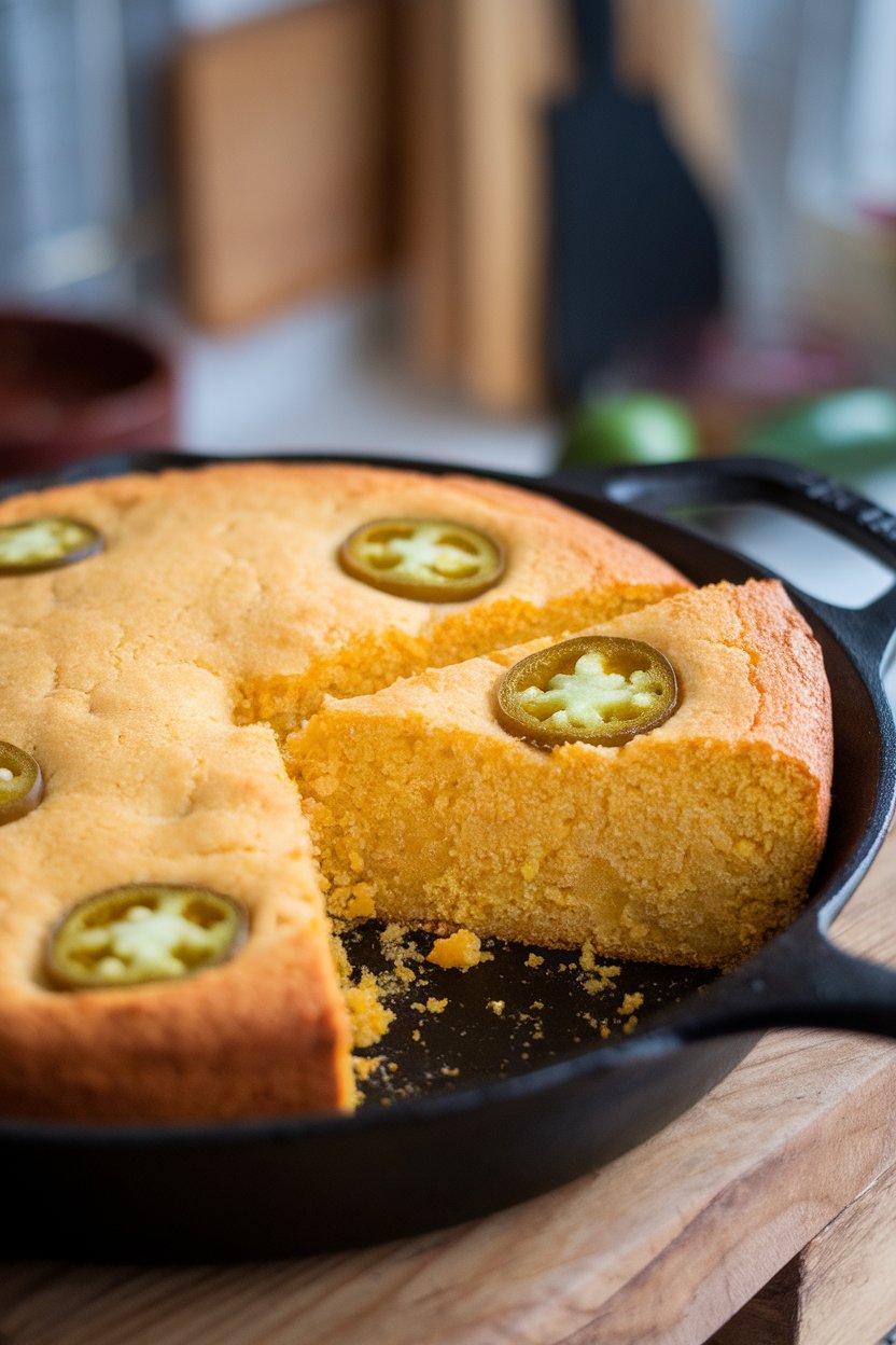 A cast-iron skillet indoors containing golden cornbread studded with jalapeño rounds, slice lifted showing crumb—no logos or text. Photo.