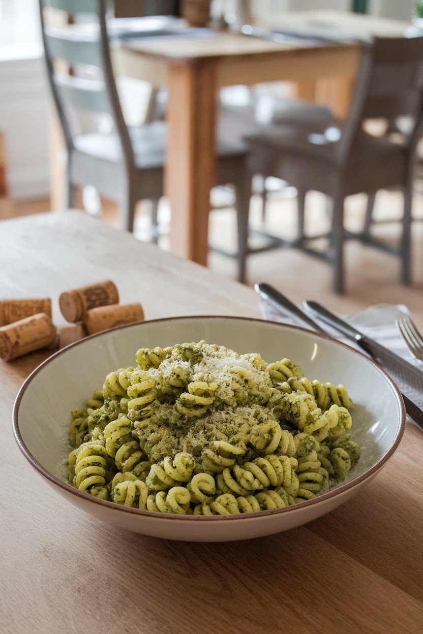An indoor dining table with a bowl of corkscrew pasta coated in vibrant green spinach pesto, sprinkled with grated parmesan. No text or logos. Photo.
