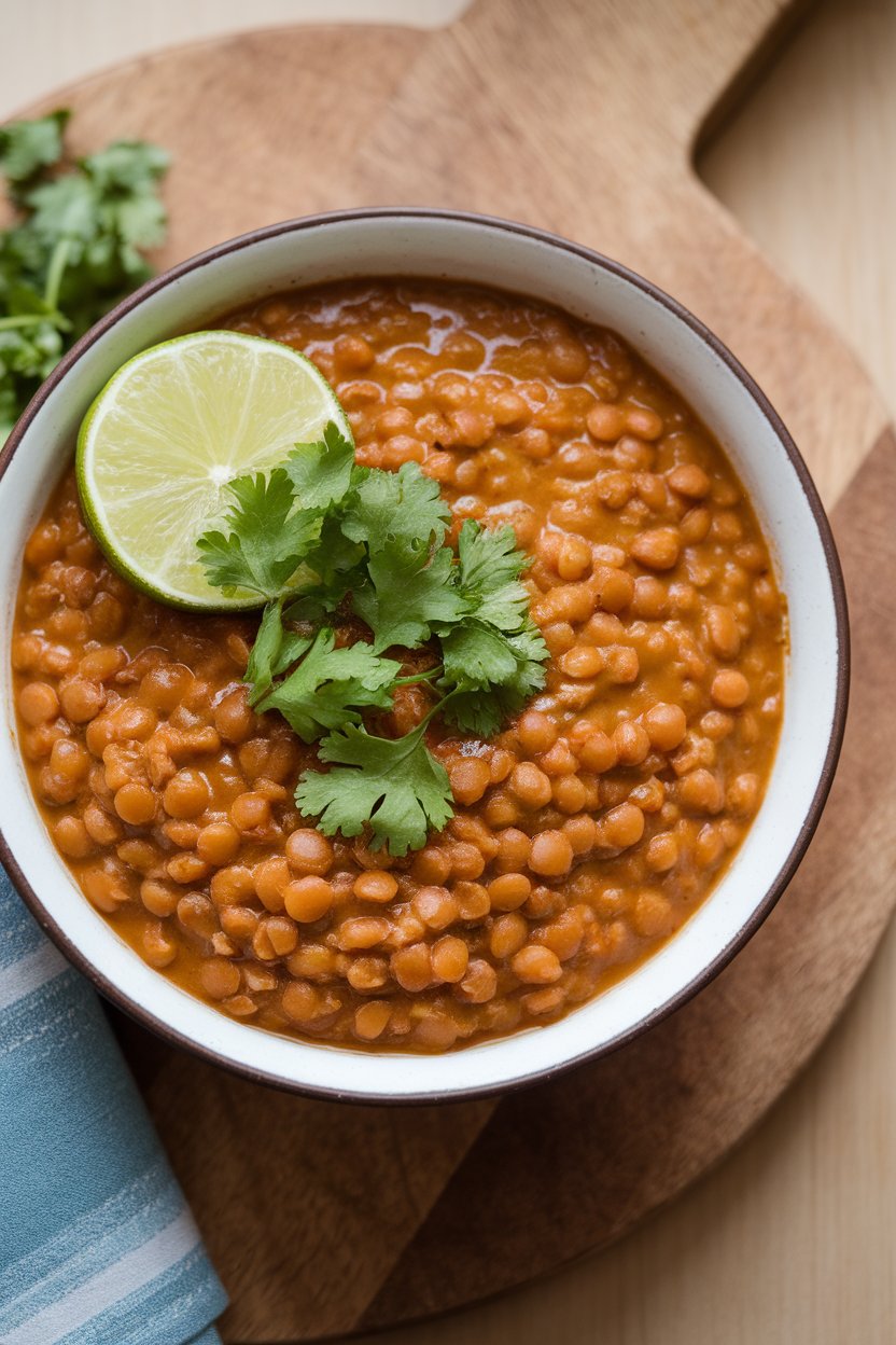 Indoor photo of a bowl of thick red lentil dal garnished with cilantro and a wedge of lime, no text or logos.