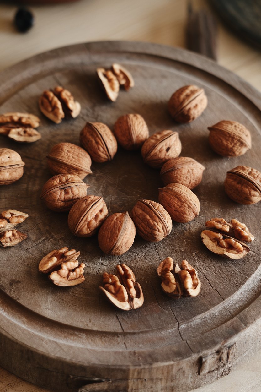 Indoor rustic wooden board with cracked walnut halves and whole walnuts scattered around. No logos or text. Photo only.