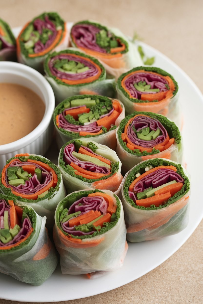 Indoor platter of sliced vegetable spring rolls showing vibrant layers of bell pepper, carrot, purple cabbage, and herbs; small bowl of peanut dipping sauce nearby; photo, no text or logos.