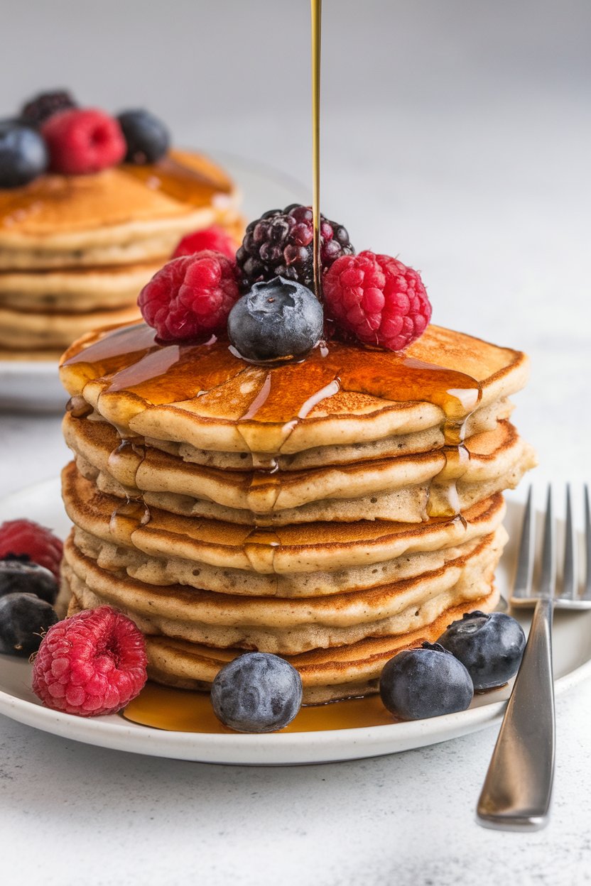 Indoor photo of a stack of golden banana oat pancakes topped with fresh berries and a drizzle of maple syrup, no text or logos.