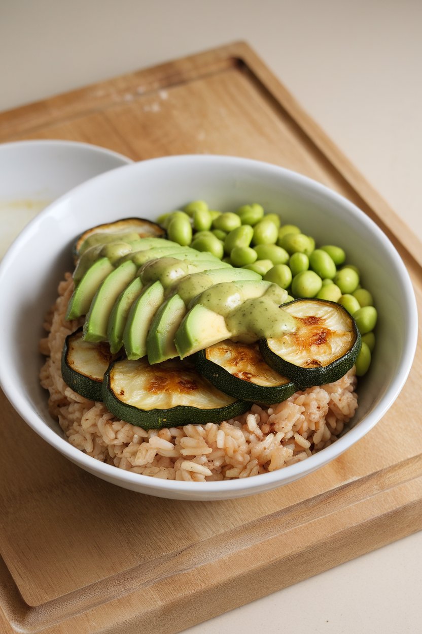 An indoor lunch scene with a wide bowl layered with brown rice, roasted zucchini, avocado slices, edamame, and drizzled green tahini sauce. No text or logos; photo, not illustration.