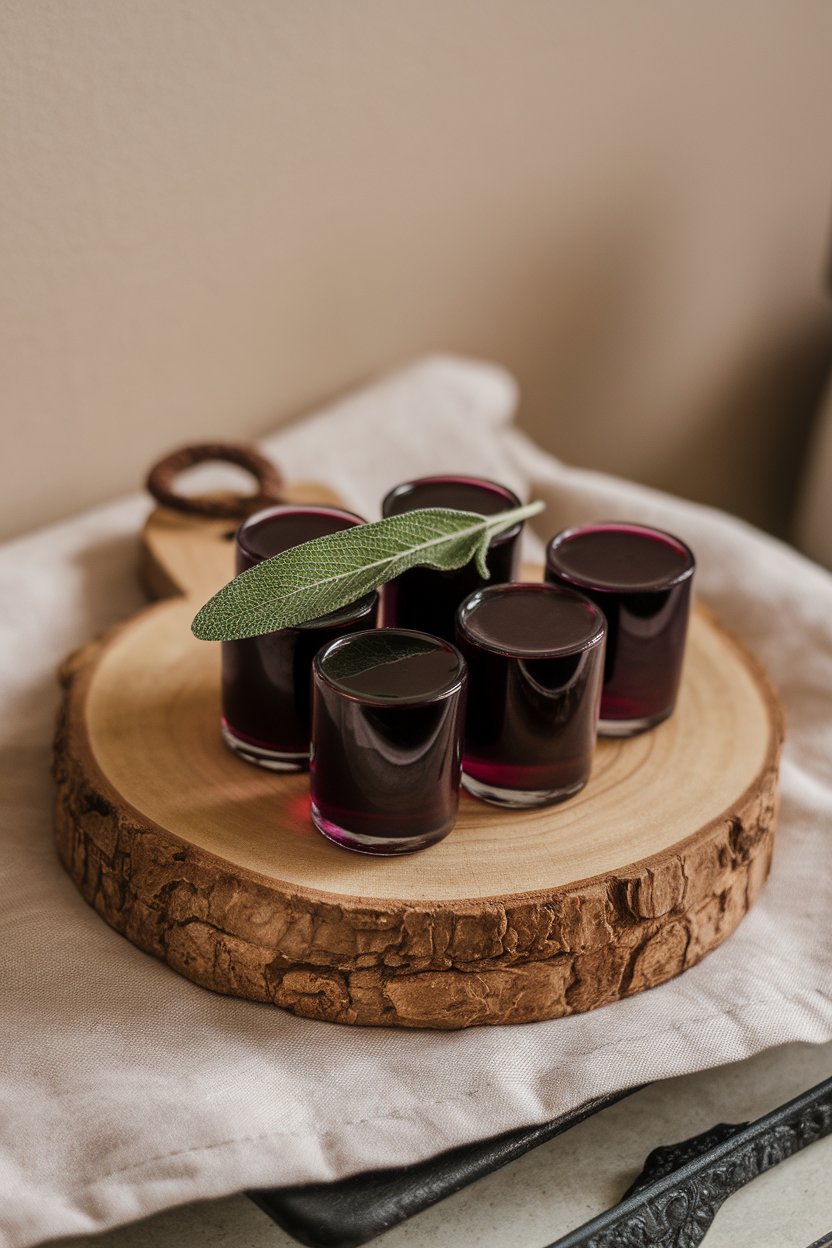 Photo of deep-purple shots, fresh sage leaf floating on top, indoor setting; no logos.