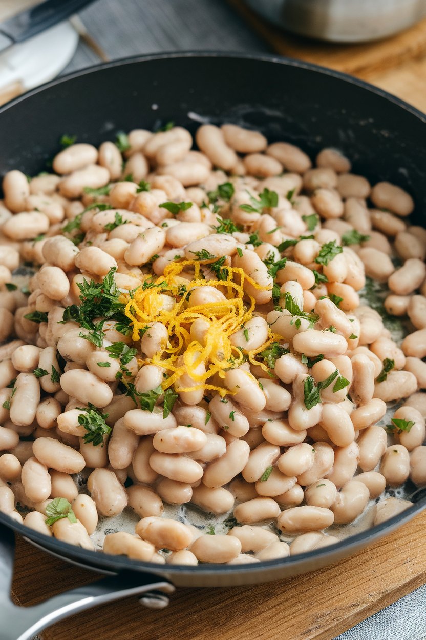 Indoor photo of creamy cannellini beans tossed with minced parsley and lemon zest in a skillet. No text or logos; photo.