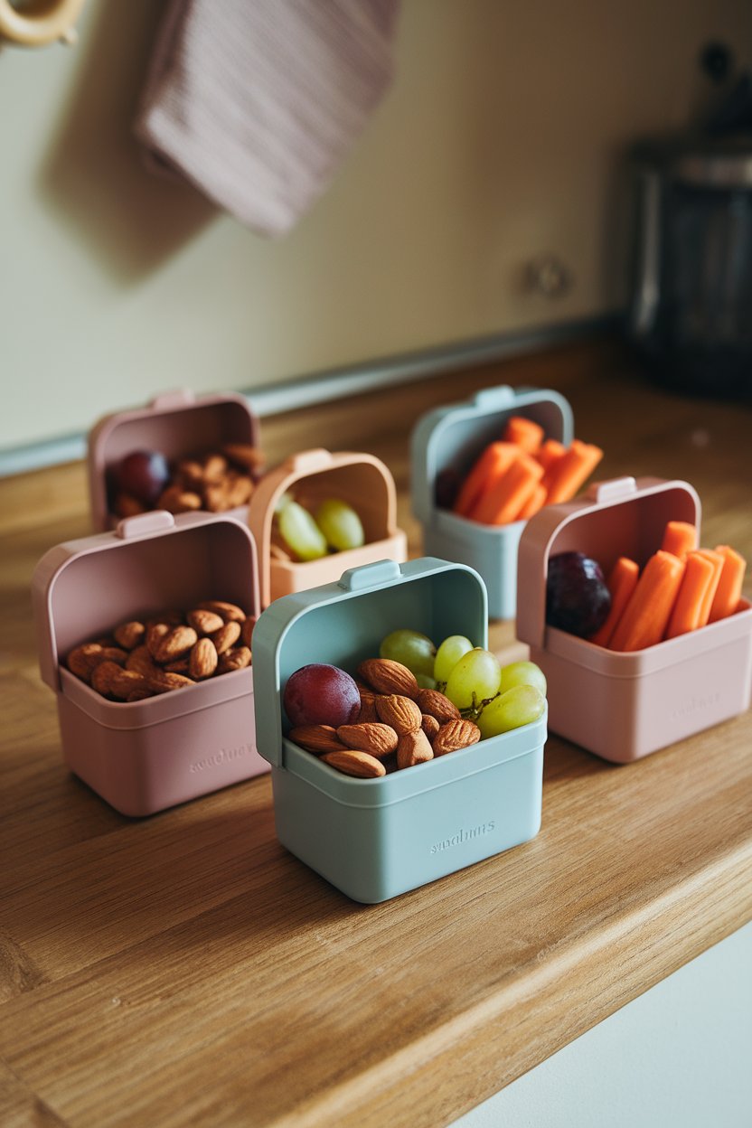 Indoor photo of several palm-sized reusable snack boxes filled with almonds, grapes, and carrot sticks, lined up on a kitchen counter. Soft daylight, no text or logos.