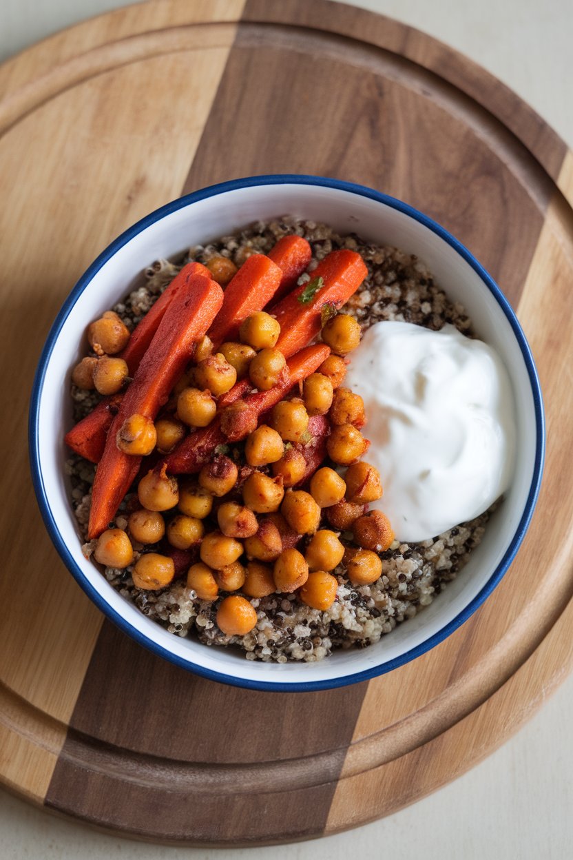 An indoor bowl featuring roasted carrots and chickpeas tinged red from harissa, over quinoa with a dollop of yogurt. No text or logos. Photo, not illustration.
