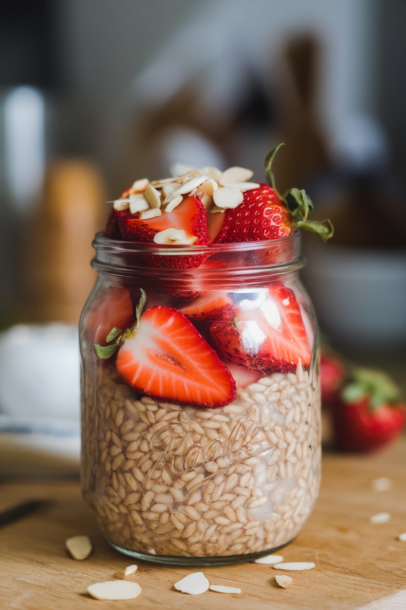 A jar indoors containing chewy farro soaked overnight in almond milk, topped with sliced strawberries and chopped almonds. No text or logos.