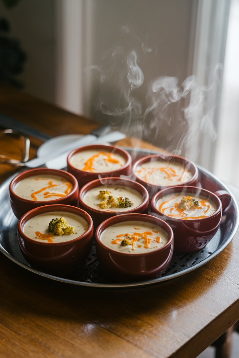 A tray on an indoor dining table holding several small cups of creamy broccoli cheddar soup, steam rising gently. No text or logos. Photo.