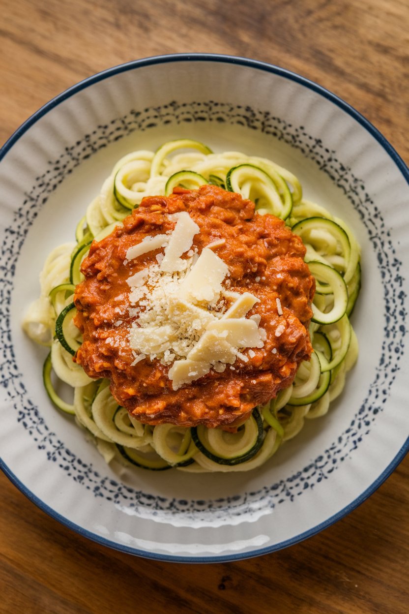 Indoor dinner plate with spiralized zucchini noodles topped with turkey Bolognese sauce, sprinkling of parmesan. No text or logos, photo not illustration.