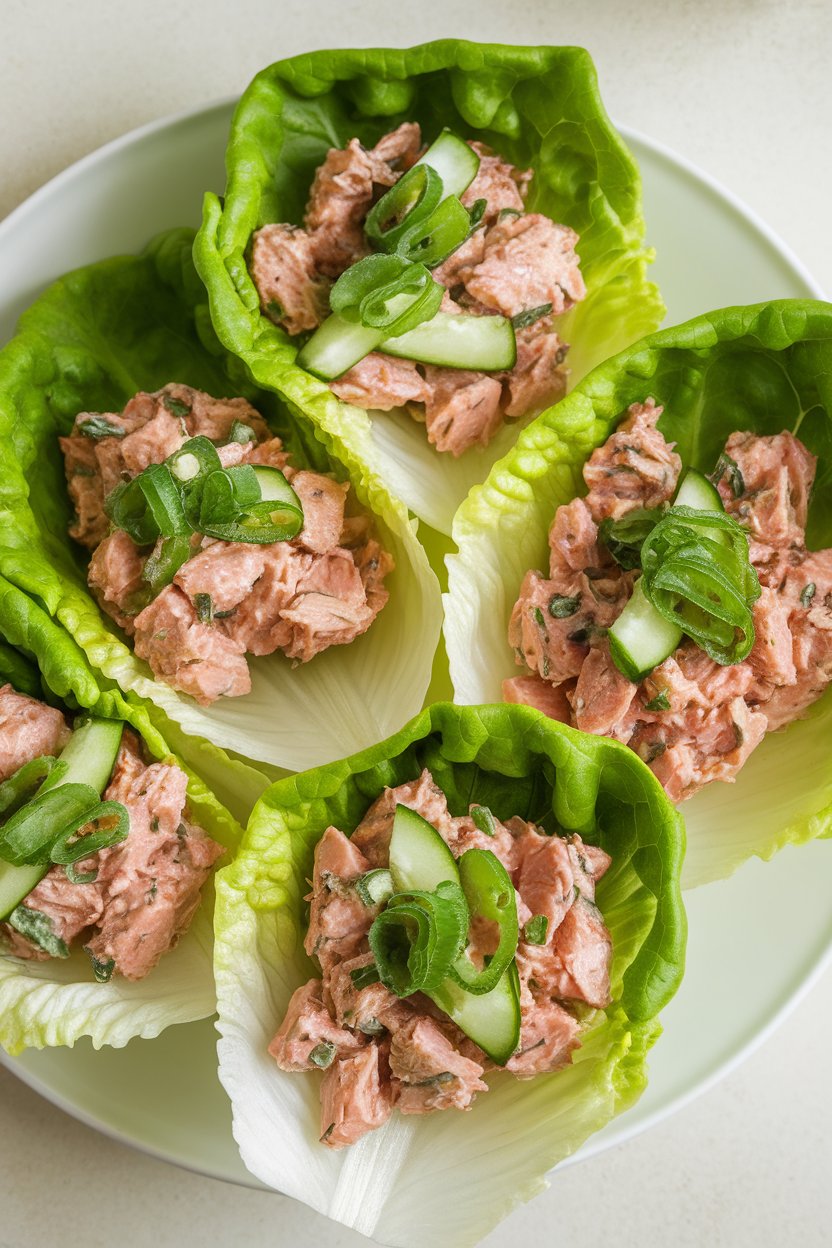 Butter lettuce leaves filled with tuna, julienned cucumber, and ginger-scallion sauce; indoor photo, no text or logos.