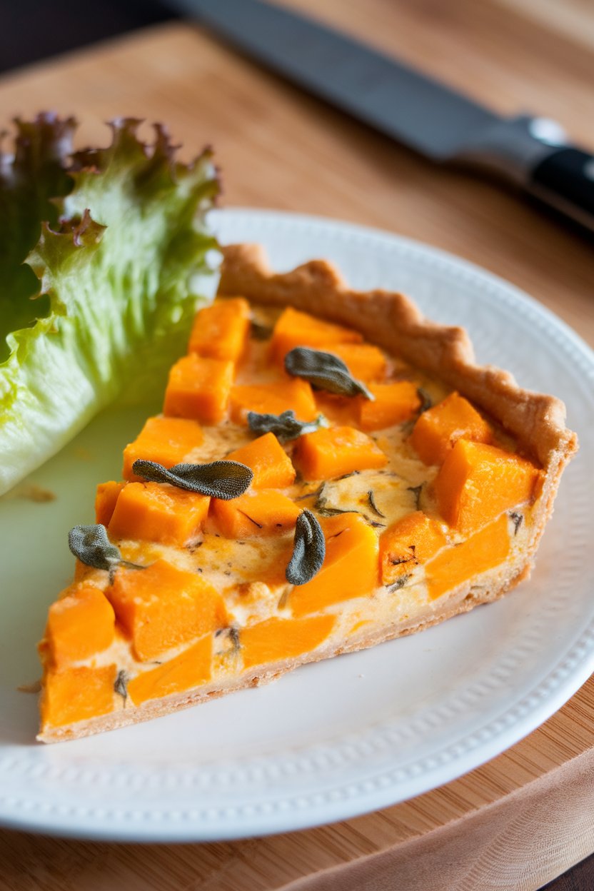 Indoor image showing orange butternut squash cubes and flecks of sage in a crustless quiche slice, no text or logos.