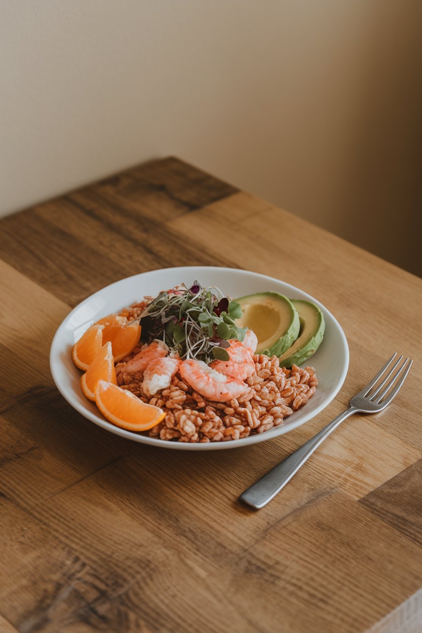Indoor table featuring farro, lump crab meat, orange segments, sliced avocado, and microgreens. No text or logos.