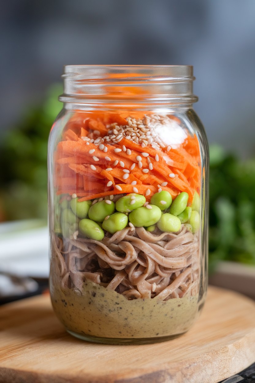An indoor image of a jar layered with cooked soba noodles, shredded carrots, edamame, and sesame seeds, soy-based dressing at the bottom, no logos.
