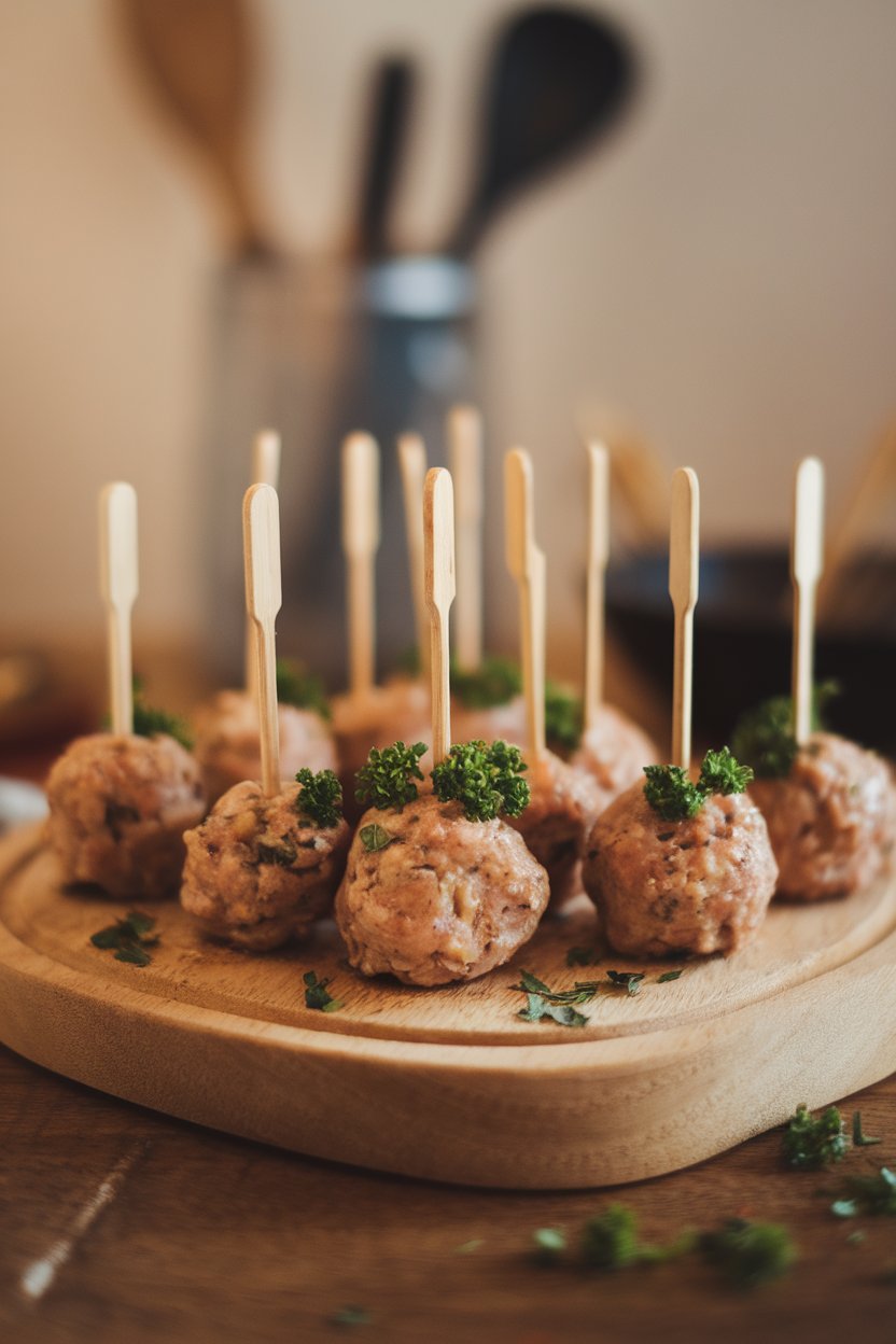 Indoor serving platter with small baked turkey meatballs on wooden skewers, parsley sprinkled on top. No text or logos.