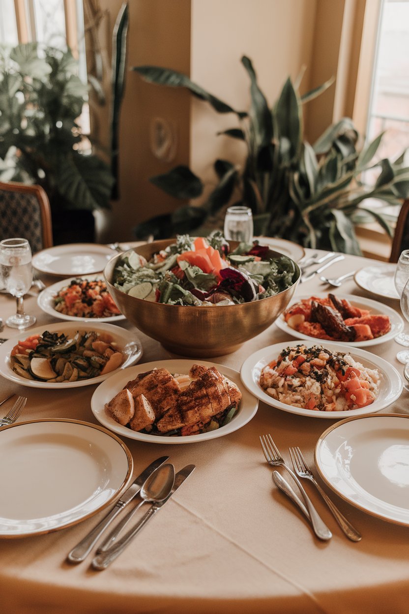 Indoor dining table scene with a large communal salad bowl in the center and individual plates for protein and starch around it. Warm lighting, no text or logos.