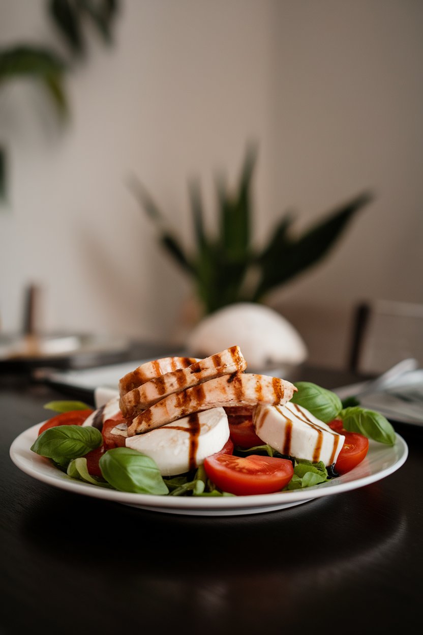 Indoor dining table scene featuring a salad plate with grilled chicken strips, fresh mozzarella rounds, tomato slices, and basil leaves drizzled with balsamic glaze; soft directional light; photo, no text or logos.