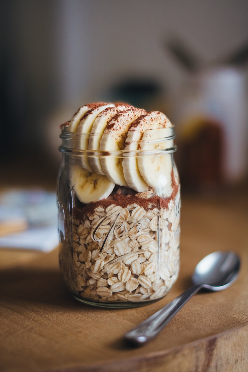 Indoor café-style photo of a mason jar containing coffee-colored oats, banana slices fanned on top, and a dusting of cocoa. No text or logos. Photo only.