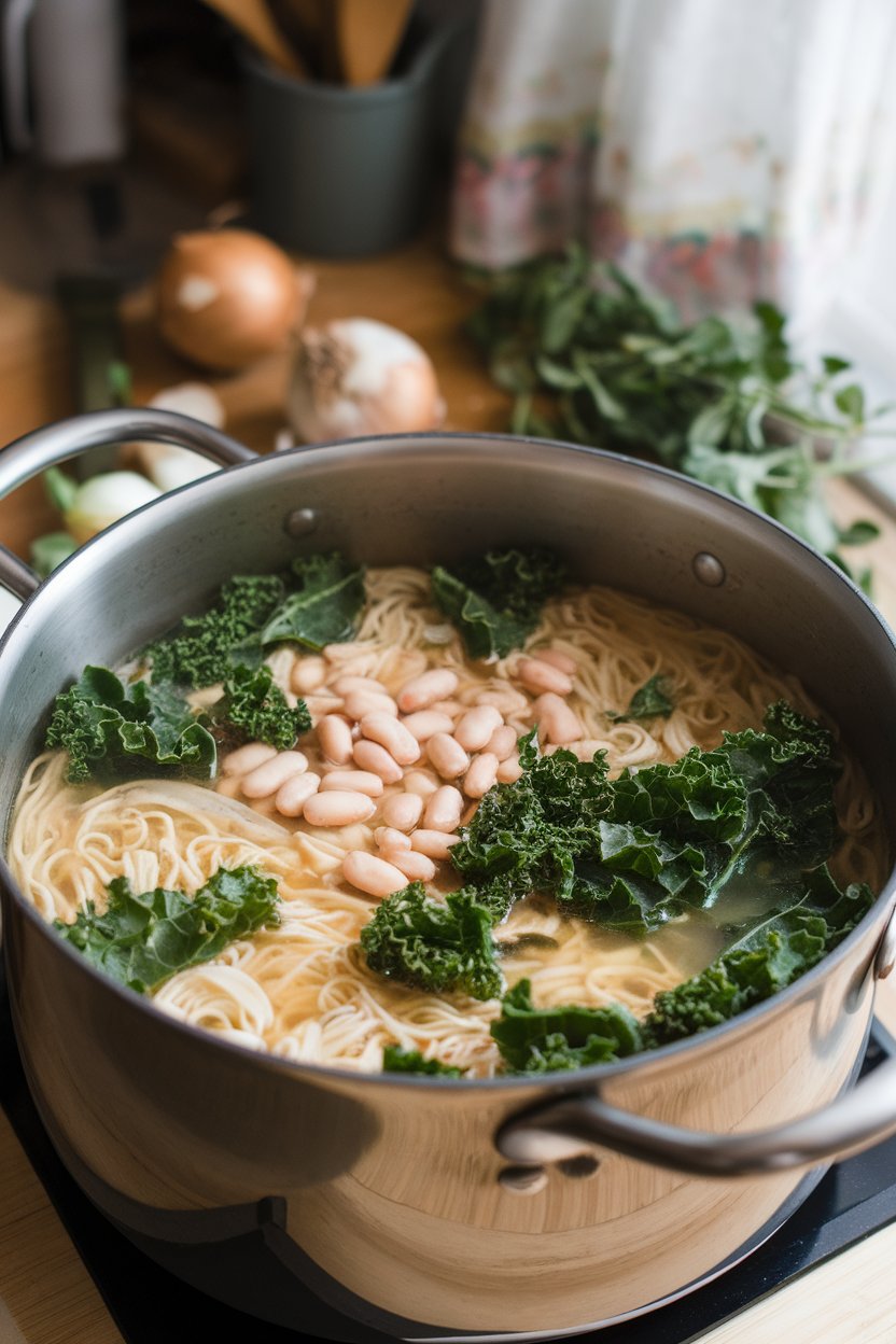 An indoor pot of noodles simmering with kale ribbons and cannellini beans in a light broth; photo only, no text or logos.