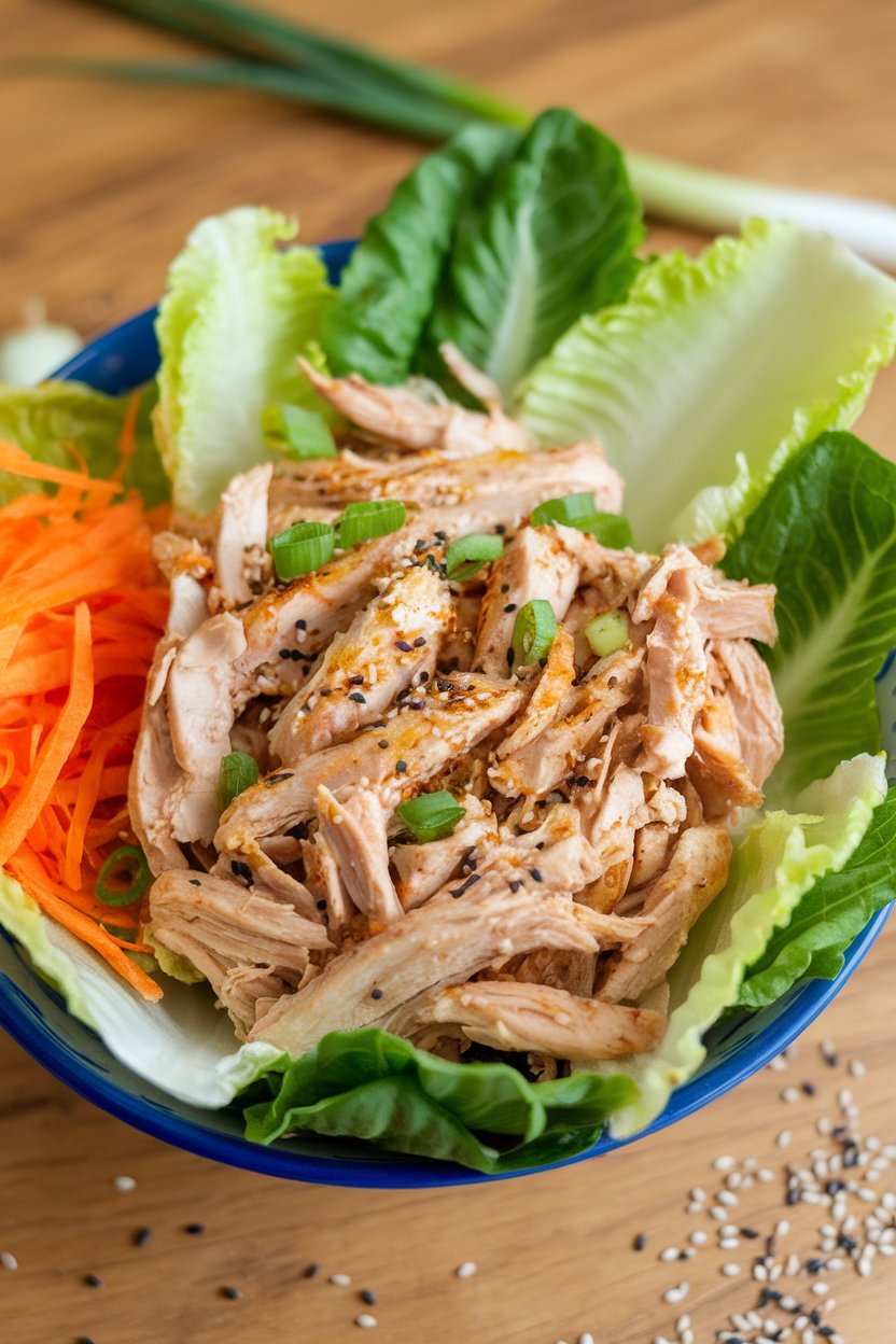 Indoor photo of romaine leaves filled with shredded chicken seasoned with ginger and garlic, topped with shredded carrot. No text or logos.